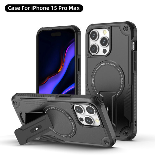 (iPhone 15 Pro Max, Mattschwarz) iPhone Hülle stoßfest mit Ständer und Magnetring