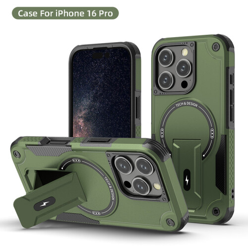 (iPhone 16 Pro, Armeegrün) iPhone Hülle stoßfest mit Ständer und Magnetring