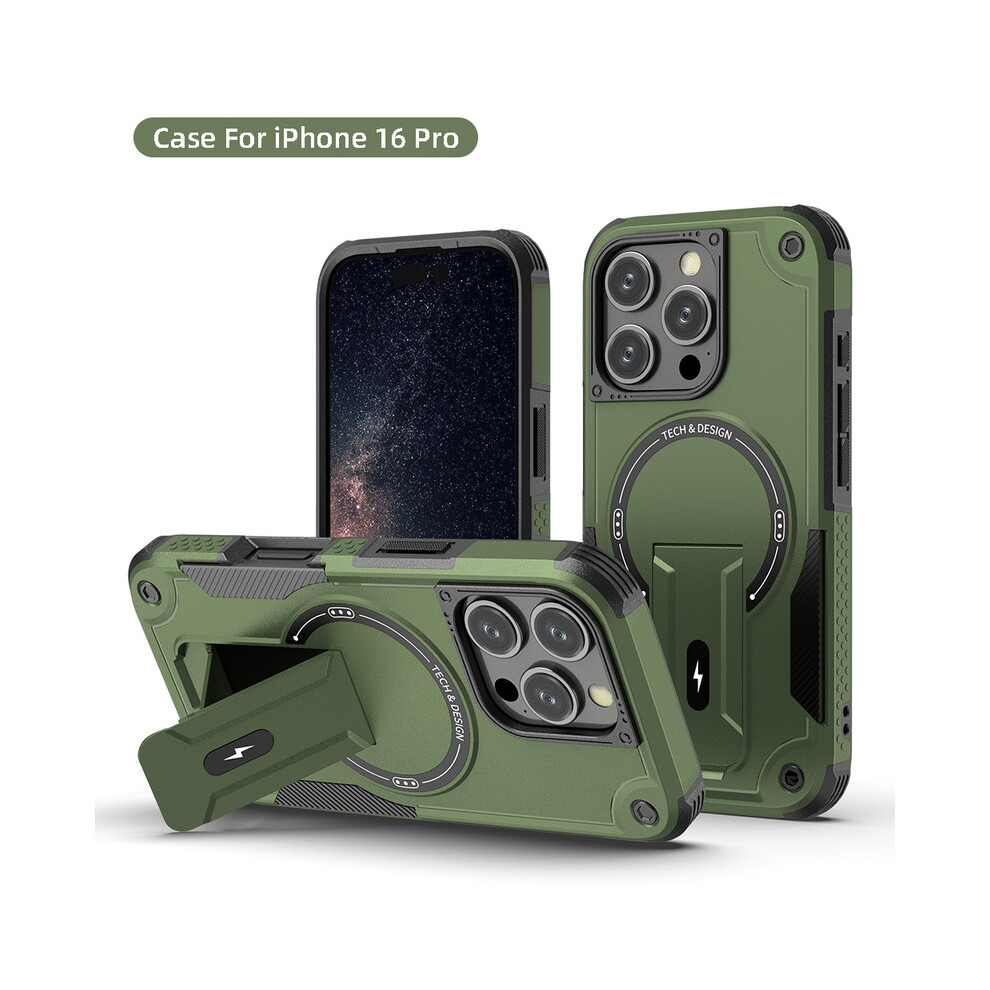 (Iphone 16 Pro, Army ) Magnetic Phone Case Shockproof Rugged Protective Cover With Kickstand, Anti-Slip Grip, Magnetic Charging Compatible Green 8006579630503