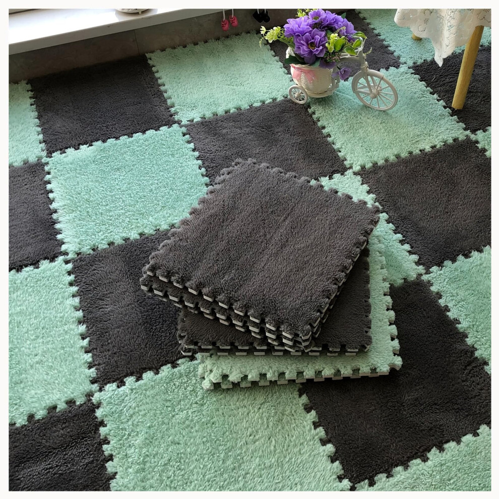 12Pcs Soft Interlocking Foam Floor Mats 12X12in Washable Fluffy Cuttable Puzzle Carpet Tiles For Living Room Bedroom Gray Green 9351714741170