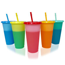 24 oz Color Changing Tumblers with Lids and Straws, 5 Pack Reusable Cold Drink Cups for Iced Coffee