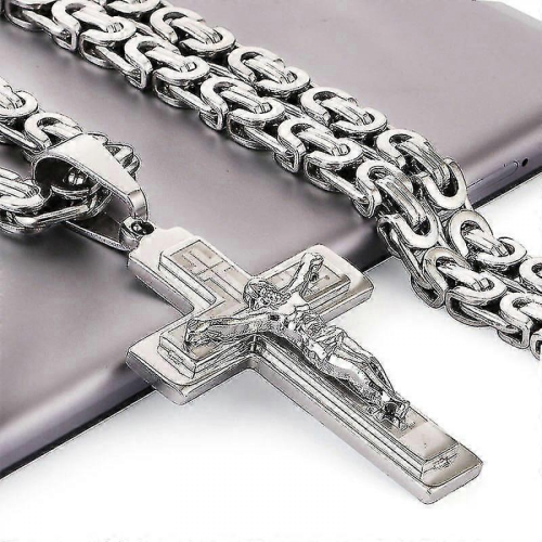 (5.5cm-Χρυσό Ασήμι) Σταυρός του Ιησού Μακριά Βυζαντινή Αλυσίδα Κολιέ από Αν 2