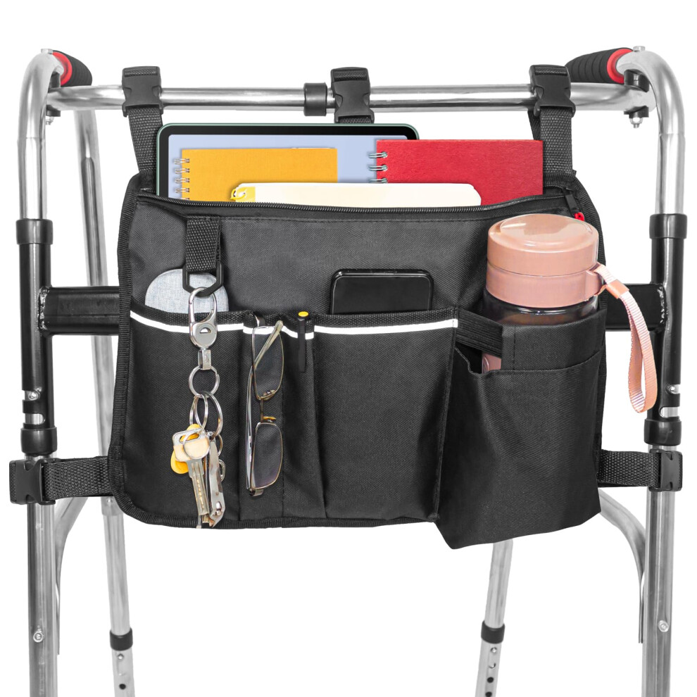 Walker Bag with Cup Holder, Multi Pocket Organizer for Folding Walker, Durable Oxford Wheelchair Side Bag