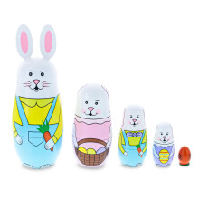 Wooden Bunny Nesting Dolls Set of 5, 7 Inch HandPainted Easter Decor GiftReady Collectible