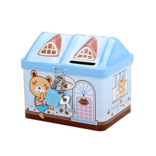 Blue House Shaped Piggy Bank with Secure Locking Metal Design, Cute Savings Box Gift for Kids Boys Girls