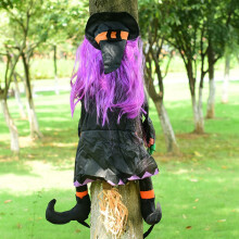Halloween Witch Decoration with Eye‑Catching Purple Hair, Realistic Tree Climbing Prop for Outdoor Haunted House