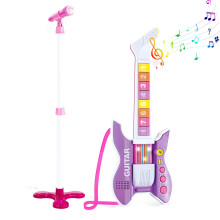 Kids Guitar and Microphone Set with Adjustable Height Stand and Music Light, Purple Karaoke Toy Gift for Boys and Girls