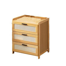 Bamboo Nightstand with Drawers, Rattan Style Design, 3Drawer Bedside Table for Bedroom
