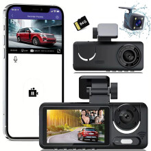 3 Channel Dash Cam with Night Vision, Triple Channel Car Camera 170 Wide Angle, GSensor, 64GB, Full HD