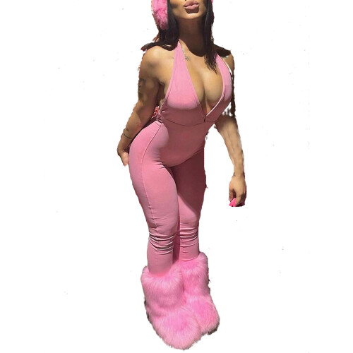 Women's solid pink halter unitard sleeveless