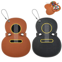 2 Pack Leather Guitar Pick Holder Case Keychain, Durable Guitar Shaped Pick Storage for Guitarists