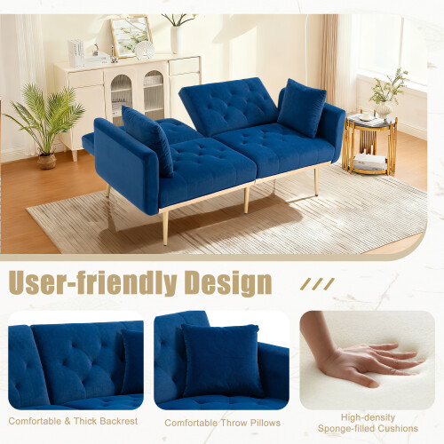 (Navy) 2-Seater Velvet Sofa with Adjustable Backrest & Gold Legs 1