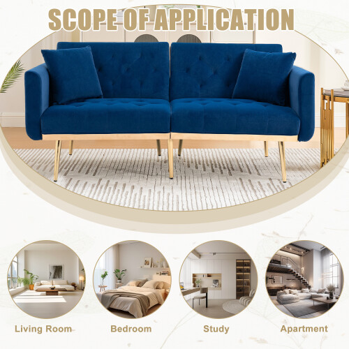 (Navy) 2-Seater Velvet Sofa with Adjustable Backrest & Gold Legs 2