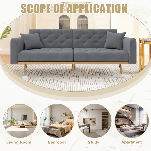 (Grey) 2-Seater Velvet Sofa with Adjustable Backrest & Gold Legs 2