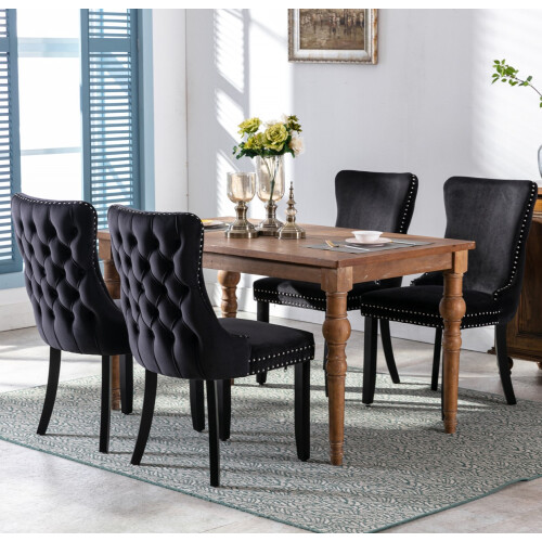 (Black) Lux Velvet Tufted Kitchen Dining Chairs Set of 2 1