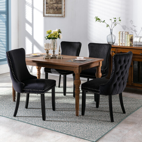 (Black) Lux Velvet Tufted Kitchen Dining Chairs Set of 2 2