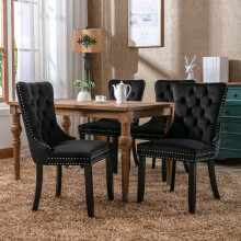 (Black) Winchester Set of 2 Velvet Upholstered Dining Chairs with Wood Legs