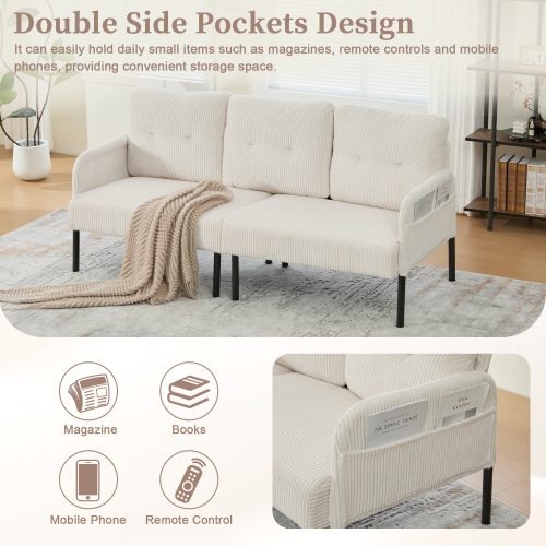 (Beige) Modern Upholstered 3-Seater Sofa with Side Pockets & Armrests 2