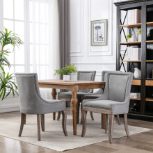 (Grey) Vintage Kitchen Dining Chairs with Linen Upholstered Fabric Set of 4 with Oak Wood Legs