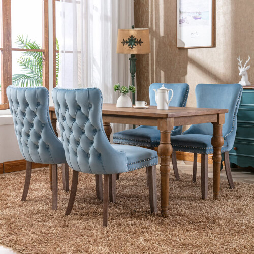 (Light Blue) Lux Velvet Tufted Kitchen Dining Chairs Set of 4 2
