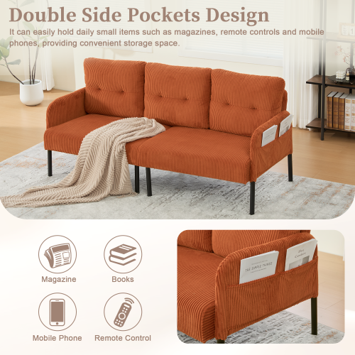 (Orange) Modern Upholstered 3-Seater Sofa with Side Pockets & Armrests 2