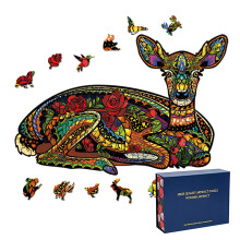 Animal Shaped Wooden Jigsaw Puzzle 102 Pieces for Adults and Kids, Sika Deer with Roses Gift Set