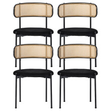 Rattan Back Set of 4 Black Velvet Chairs with Metal Frames