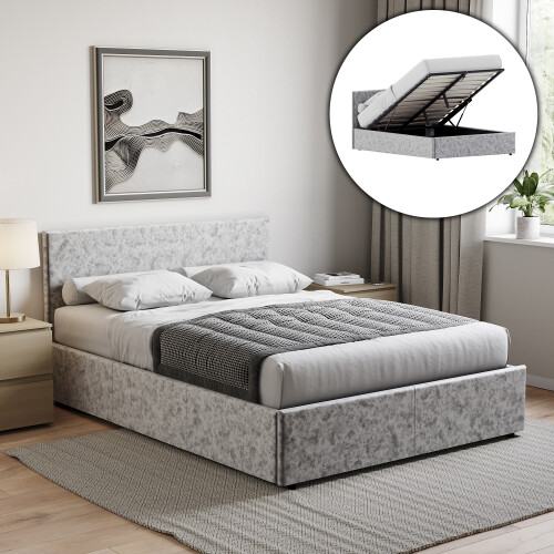 Vida Designs (Double, Crushed Velvet Silver) Veronica Ottoman Bed Frame Bedroom Storage UKFR