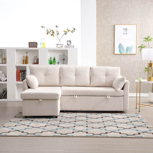 (Beige) L-Shaped Upholstered Pull Out Bed Sofa with Storage & Pillows 2