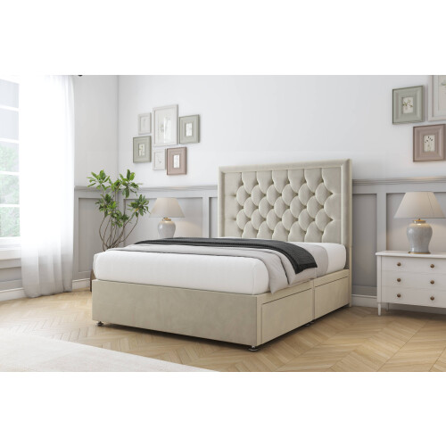 (3' Single, Cream) Sloomy Montana Plush Divan Bed Base 2 Drawers Same Side With 26" Strutted Headboard 2