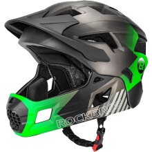 (Black Titanium Green, M) ROCKBROS Kids Full Face Bike Helmet 2 in 1 Removable Chin Guard Adjustable Protective Helmet