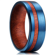 8mm Blue Tungsten Carbide Ring with Inner Wood Inlay Brushed Finish Comfort Fit Wedding Band