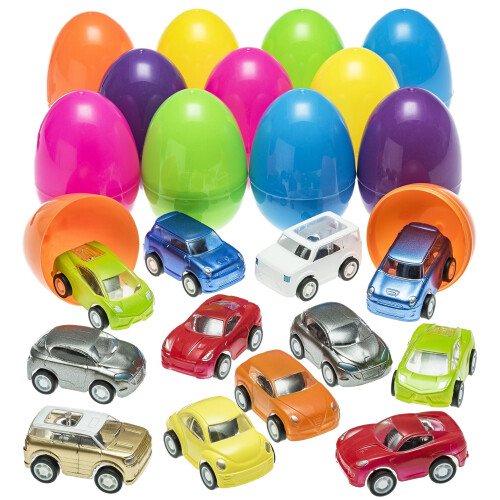 12Pack Prefilled Easter Eggs with Mini Pull Back Cars, Easter Egg Fillers and Basket Stuffers for Kids