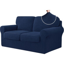 (Dark Blue (Artificial Jade Rice Grain), Large【1 slipcover 3 seat covers】) 2/3/4pcs Soft Sofa Cover Set, Elastic Sofa Protector for Bedroom