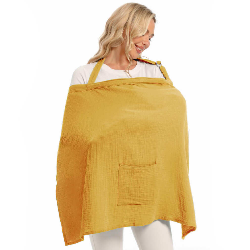 Muslin Nursing Cover For Breastfeeding, Soft Breathable Apron With Rigid Hoop, Stylish Mustard Yellow