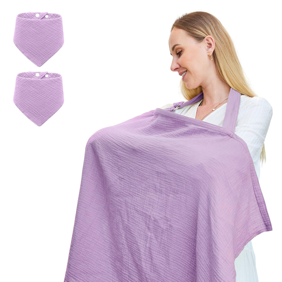 Muslin Nursing Cover for Breastfeeding with Adjustable Neck Strap, Breathable Cotton Multiuse Canopy and 2 Baby Bibs