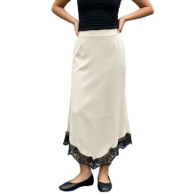 (S, Creamy White) Women Midi Satin Skirt with Asymmetrical Lace Trim Elegant Slim Fit High Rise Skirts for Daily Party