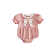 (3-6 Months, Pink) Baby Girls Rompers Bowknot Decor Front Buttons Round Neck Short Sleeve Infant Bodysuits Jumpsuits