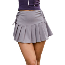 (L, Gray) Women Athletic Pleated Skirt Side Ruched Drawstring Low Rise A-line Mini Skirts for Daily Sports Game Day
