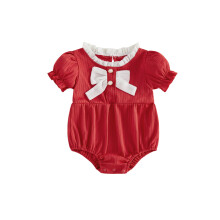 (18-24 Months, Red) Baby Girls Rompers Bowknot Decor Front Buttons Round Neck Short Sleeve Infant Bodysuits Jumpsuits