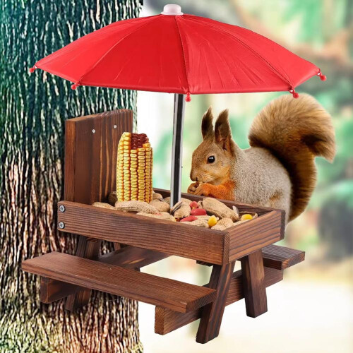 Egernfoderautomat med paraply Træ-egern picnicbord Hårdt og 1