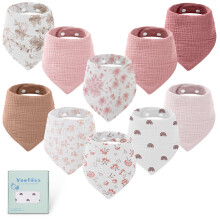 Organic Cotton Muslin Baby Bibs 10 Pack Soft Absorbent Bandana Bibs for Drooling and Teething, Pink Floral 0–36M
