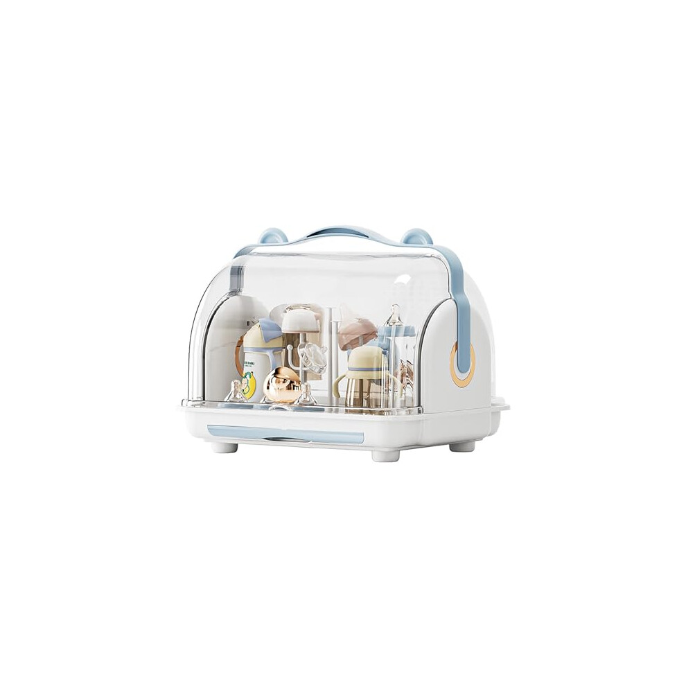Baby Bottle Drying Rack With Dustproof Lid And Removable Drain Tray, Portable Organizer Blue