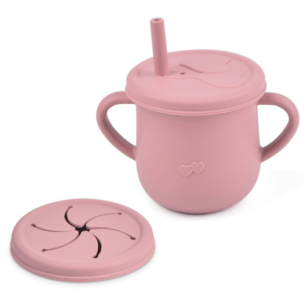 Silicone Baby Cup with Straw and Handles, Spill Proof 2 in 1 Snack and Drinking Cup for Toddlers