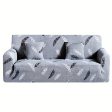(Grey Feather, 3 Seater) 1pc Printed Sofa Cover Stretch Couch Covers with 1pc Cushion Cover, Patterned Loveseat