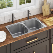 Berkfield Kitchen Sink Double Basin with Strainer & Trap Stainless Steel