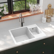 Berkfield Kitchen Sink with Overflow Hole Double Basins White Granite