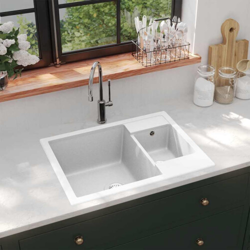 Berkfield Kitchen Sink with Overflow Hole Double Basins White Granite