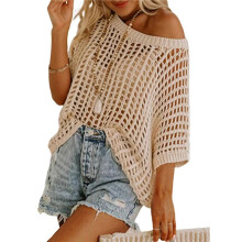 Blusa de Punto Calada de Manga Corta con Cuello Redondo de Verano para Mujer, Color Albaricoque L