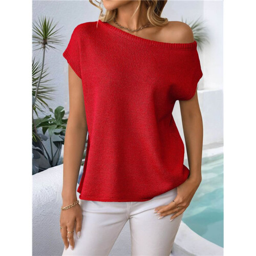 Women'S Short-Sleeved Off-Shoulder Knitted Pullover Red S 1